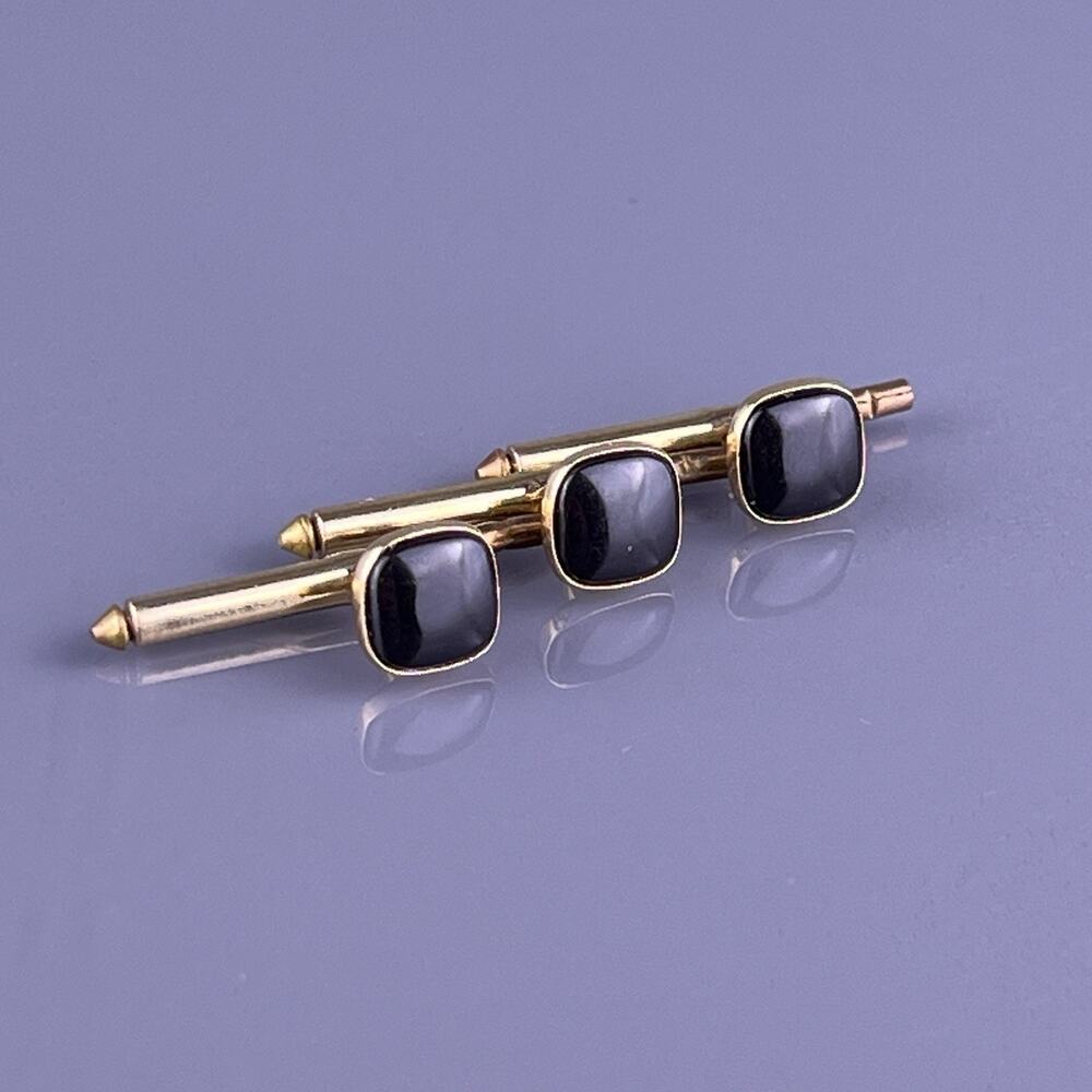 Black Acrylic Square Tuxedo Shirt Dress Studs Set Gold Tone 1/4" Vintage